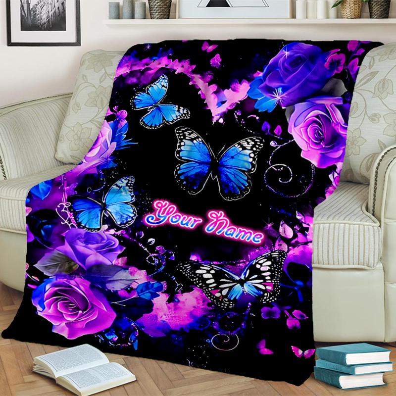 1PC Custom Name Butterflies Roses Fantasy Flannel blankets Patterns Throw Blanket All-Season Soft Gift for Couch, Bed, Camping gifts
