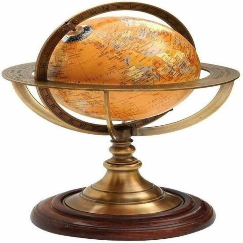 Antique Brass World Map Globe – 27 Cm Nautical Desk Décor with Astrolabe Armillary Sphere Design