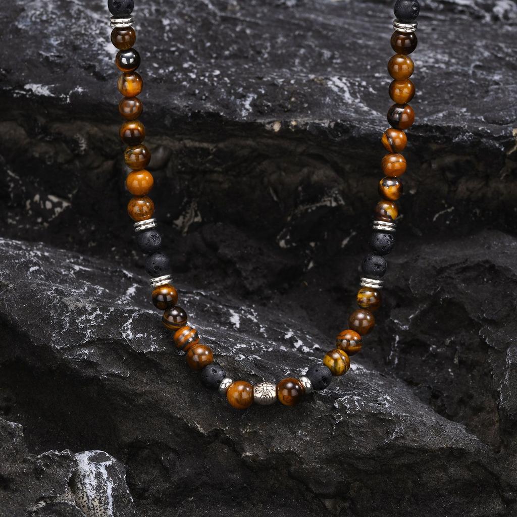 Vnox Tiger Eye Stone Beads Necklace for Men, Black Volcanic Lava Stones Beaded Collar Chokers, Classic Jewelry Gift