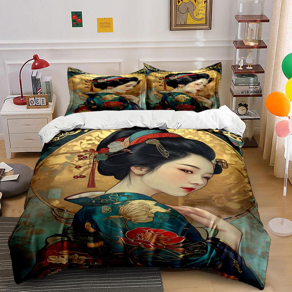 Geisha portrait with flowers. Bedding sets Duvet cover sets Duvet covers Pillowcases(1 * Duvet Cover 2 * Pillowcases without duvet insert)