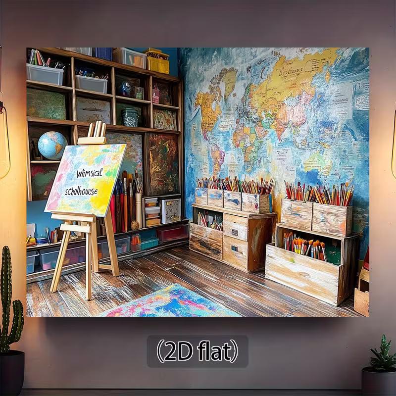 2D Classroom Art Studio Background, Painter's Easel & World Map Backdrop