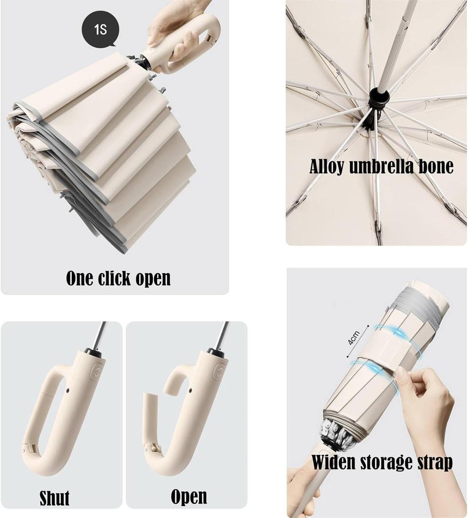 Ring Buckle Umbrella Ring Buckle Portable Folding Umbrella Automatic Sunshade Umbrella Rain or Shine Beige
