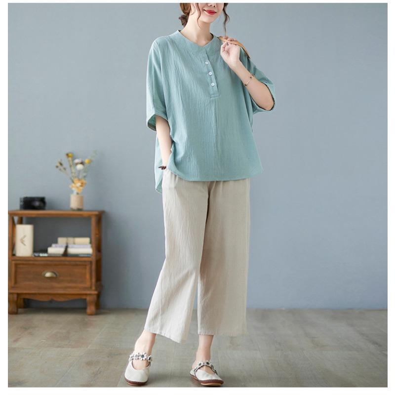 Koszula z bawełny i lnu w jednolitym kolorze, z półotwartym kołnierzykiem i rękawami w kształcie nietoperza, w dużym rozmiarze, damska, letnia koszula literacka