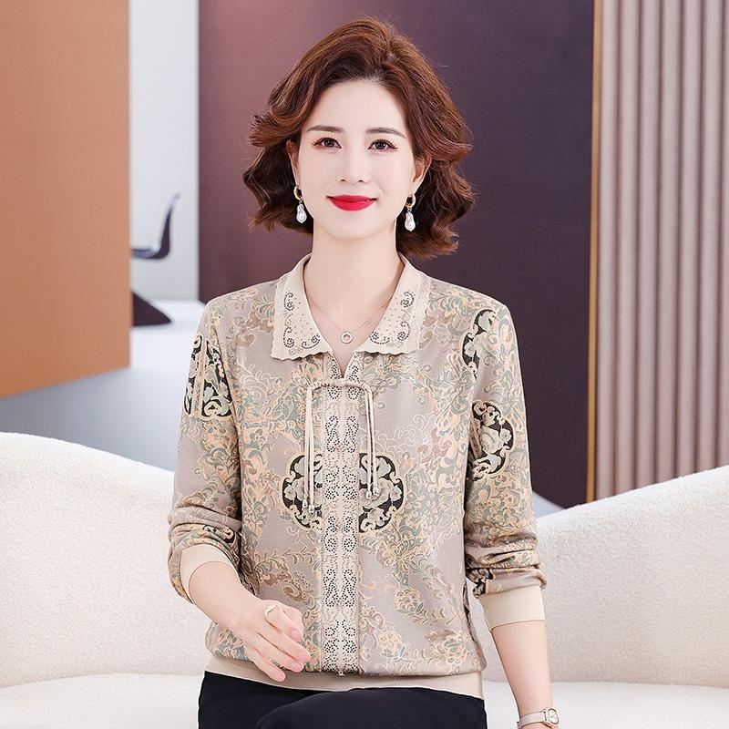 Early autumn new middle-aged and old medium lapel knitted sweater women's fashion mother autumn sweater