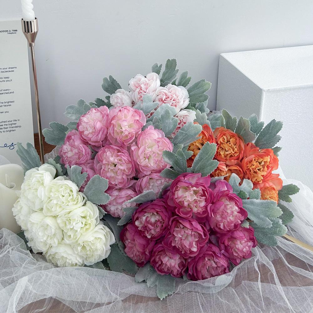 Ins Nordic Style Flocked Peony Flower High Imitation Home Living Room Decoration Fake Flower Dew Lotus Simulation Flower