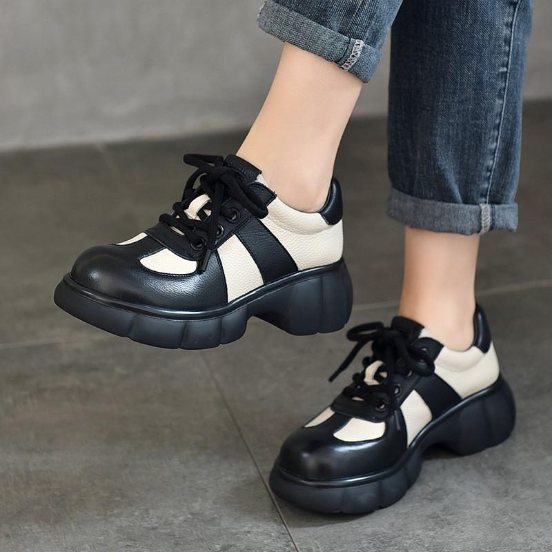 Johnature Thick Soled Retro Genuine Leather Women's Shoes Pumps Round Toe Lace Up Mixed Colors Platform Shoes