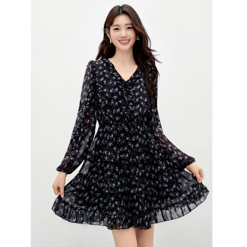 Qiushuiyiren Fashion V-Neck Floral Print Ruffle Midi Dress XL