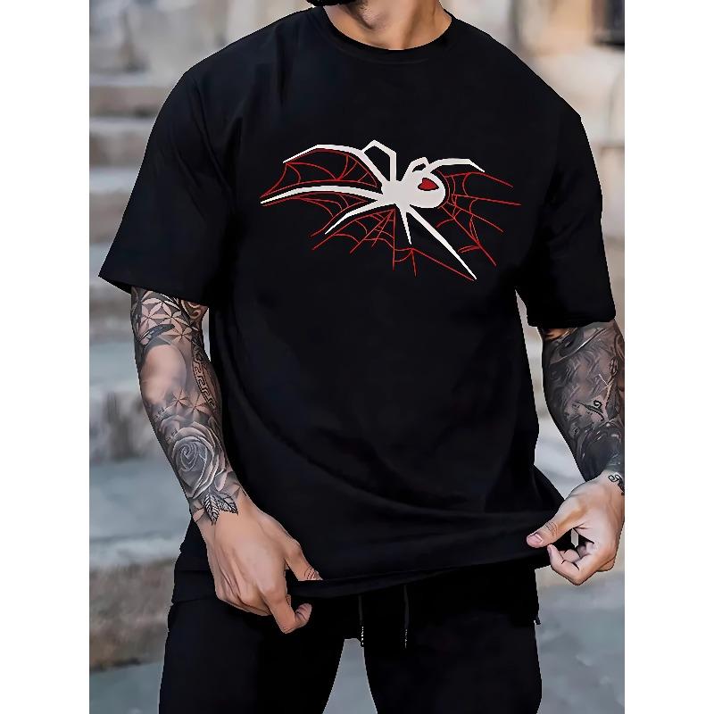 

European Size Spider Web Print Tee Shirt, Tee For Men, Casual Short Sleeve T-shirt For Summer Spring Fall, Tops As Gifts 4XL чорний