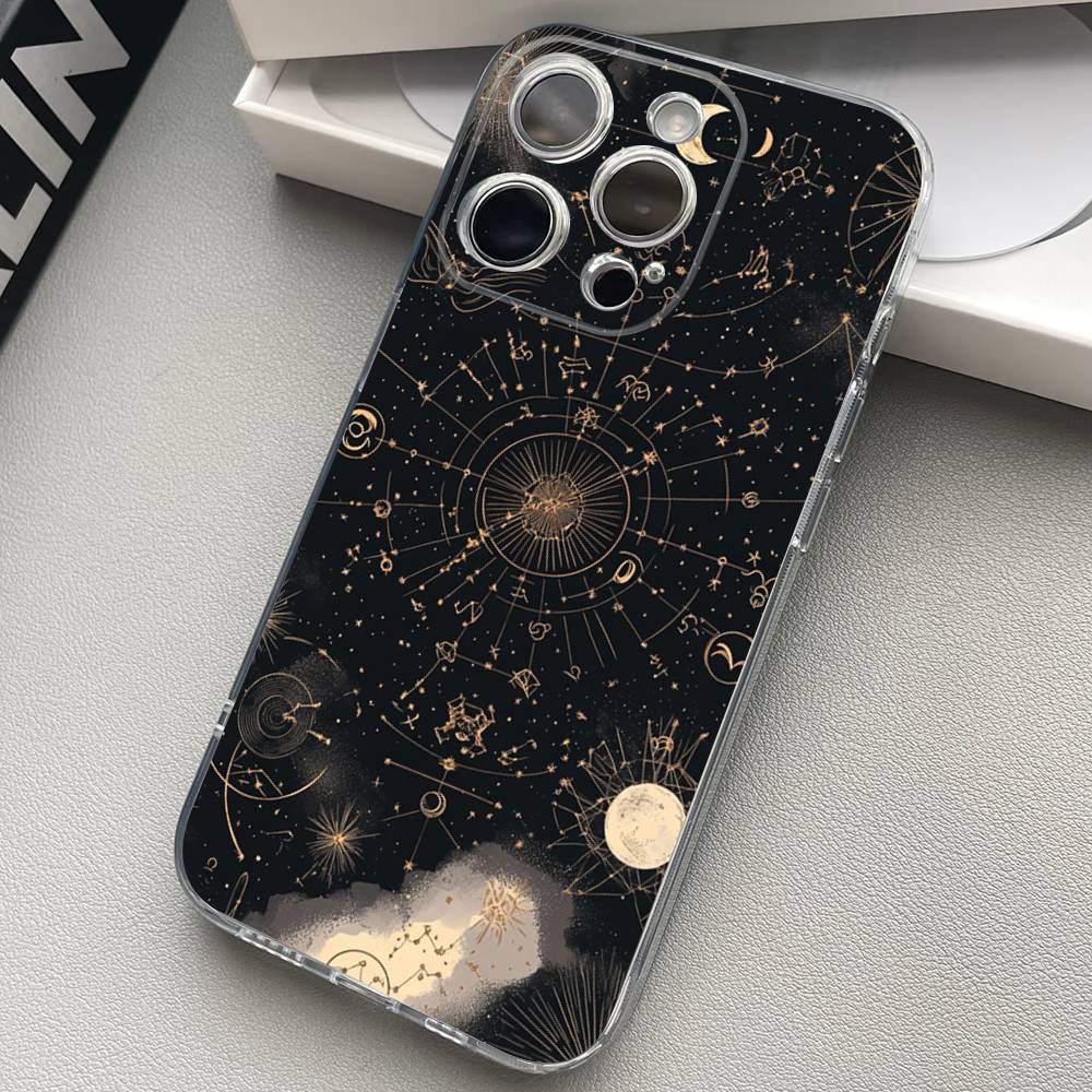 

Suns Moons Clouds Astrological Transparent Back Phone Case For iPhone 17 16 15 13 12 11 14 Pro Max Mini Plus Silicone Bumper iPhone 16