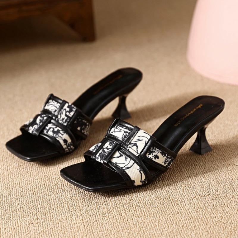 Sandals Women's Shoes High Heels Fashionable Shoes Thin-heeled Heat-absorbing Half-slipper