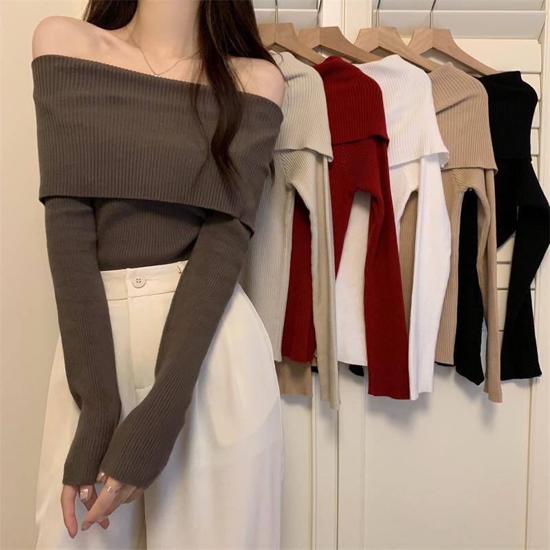 Pure Desire Autumn Knitted Sweater Women's New Niche One-word Shoulder Shirt Popular Long Sleeves