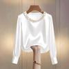 Spring and Autumn Pearl Round Neck Satin Women Shirt Loose Casual Long Sleeve Office Blouse Female Top O Neck Solid Color Simple Clothing