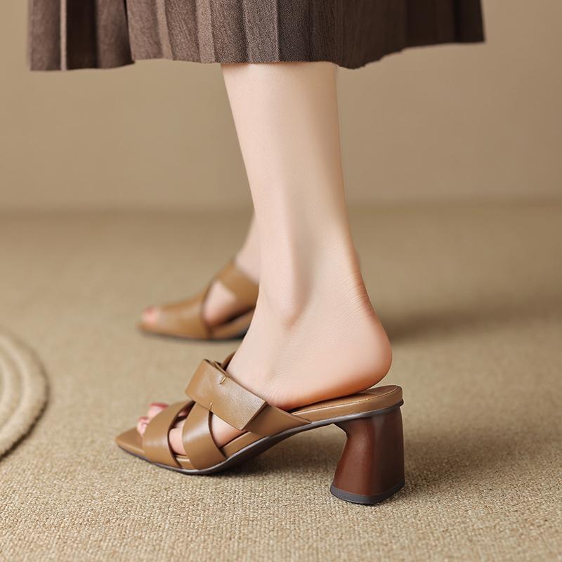 Summer Women Slippers Genuine Leather Women Sandals Open Toe Chunky Heel Shoes for Women Belt Buckle Sandals Simple Women Slides