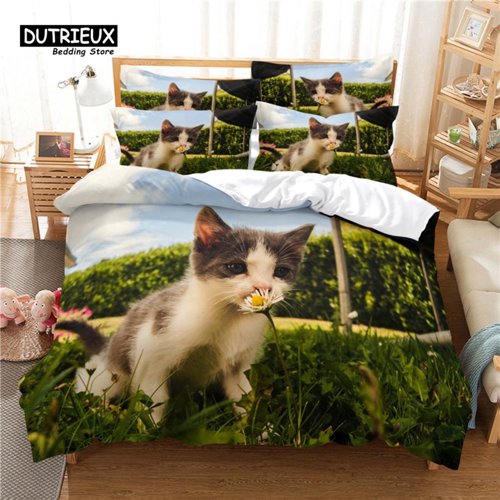 Funny Cat Duvet Cover Microfiber Pet Bedding Set Full King For Kids Child Cat Lovers Decor Cute Animal Quilt Cover Pillowcases