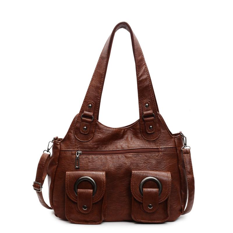 Myk skinn tote bag dame retro multifunksjonell skulderveske håndveske