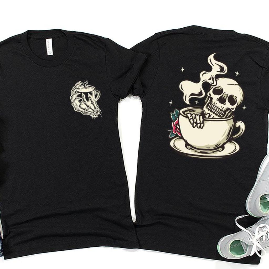 Skull in a Coffee Cup Graphic Shirt, Coffee Lover Gift Shirt, Skeleton Mom Shirt, Halloween Gift for Mom, Skull Shirt for Coffee Mom