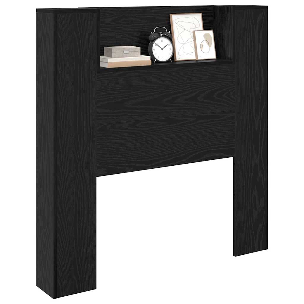 Storage Headboard with LED Black Oak Wood Based Material