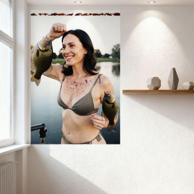Sexy Bikini Woman with Freshly Caught Fish Lake Scene Tin Sign Vintage Metal Poster for Bar Pub Home Wall Decor 8x12 Inch