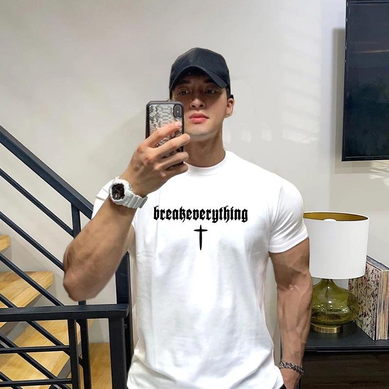 

Fitness Short Sleeved Mens Sports Training Tshirt Summer Sweatwicking Fashion Brand Instagram Casual Clothing S