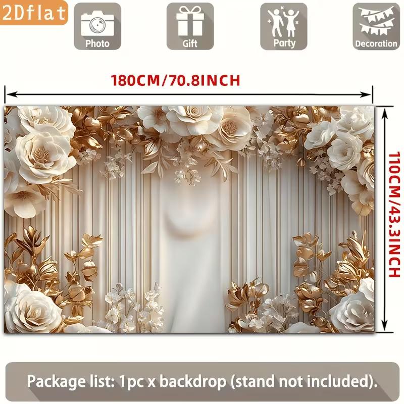 2D Printed Backdrop with White Roses, Gold Leaves and Cream Curtains