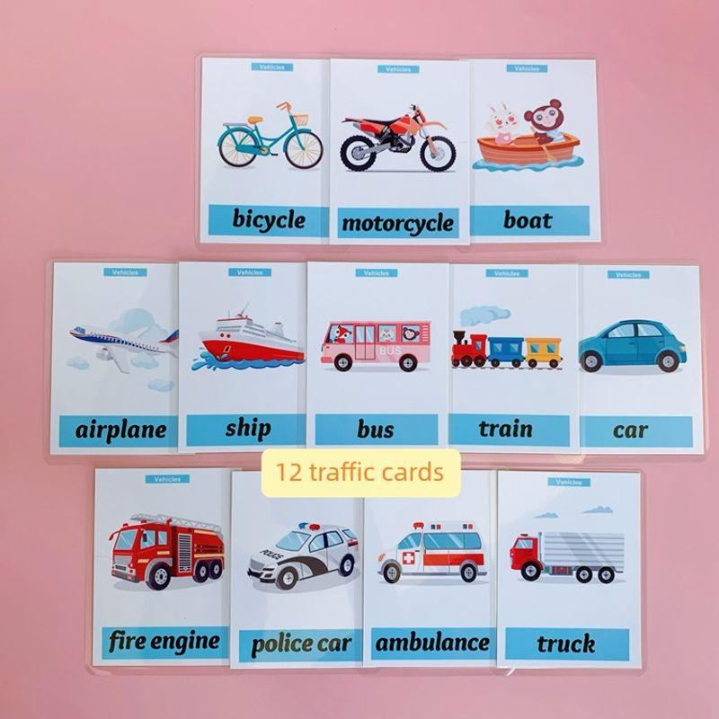 

English Card Plastic Sealed Words Flash Card Traffic Tools 38 Kindergarten Kids Enlightenment Durable English Teaching Aids Selected 12 medium cards 11*16cm(Adult Palm Size)