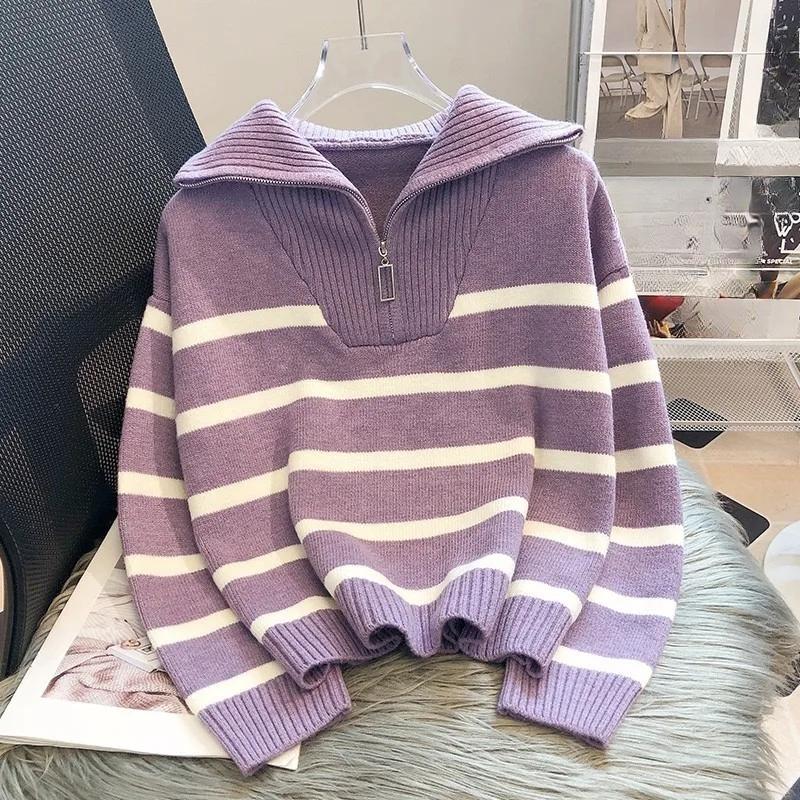 

Женский свитер Свободная трикотажная одежда Молния Свитеры Рубашки и блузки Длинный рукав Осень Зима One Size фиолетовый