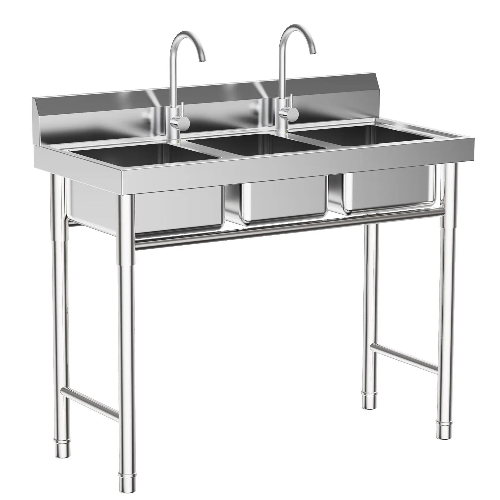 

Трехсекционная хозяйственная мойка, 39 Д x 18 Ш x 35,8 Г Отдельно стоящая кухонная мойка с тремя чашами и смесителем для холодной и горячей воды серебряный