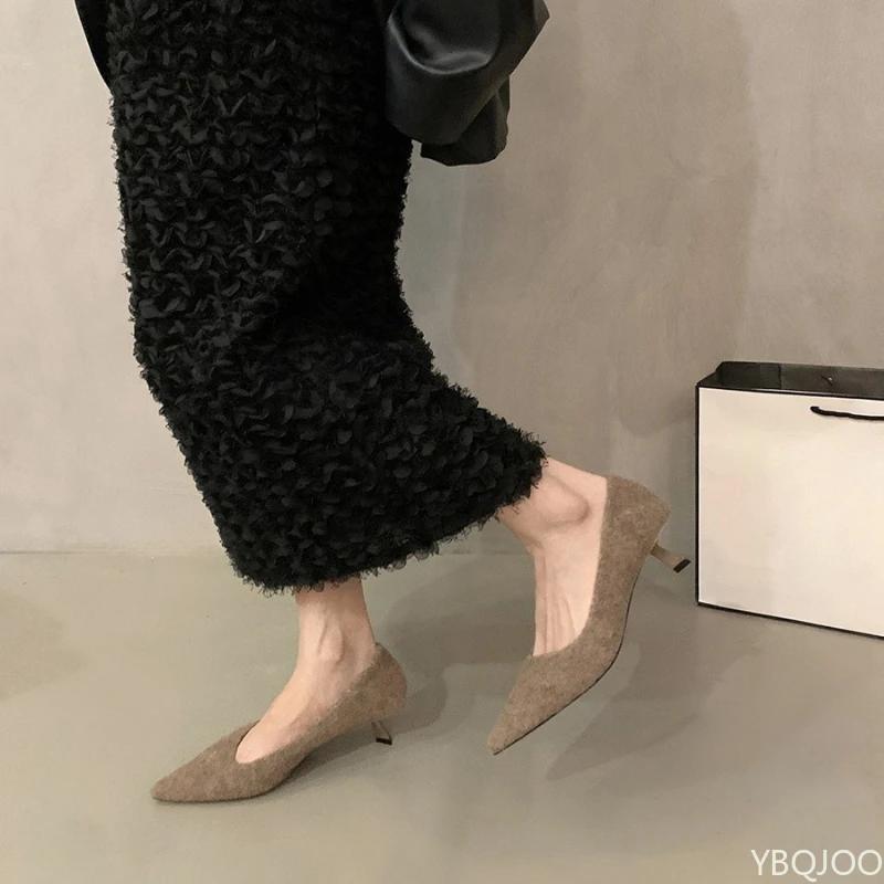 Fashion French black high heels Sharp pointed Women's single shoes New commuting fur shoes Outdoor comfortable ladies pumps 2025 Zapatos