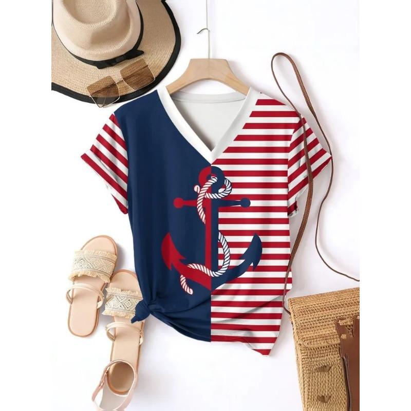 Stripe Graphic 3D T Shirt Women Summer V-Neck Short Sleeve Tops Holiday Casual Tees Woman Streetwear Oversized T-shirt