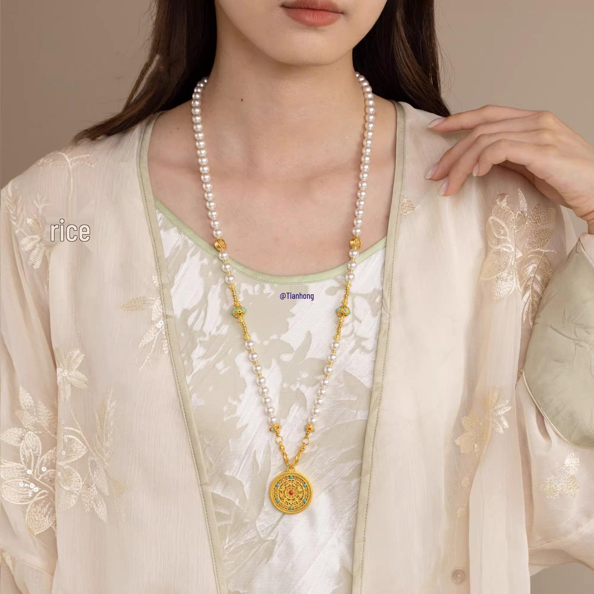 

Five Blessings Pearl Necklace - Chinese Style Long Double-Ear Accessory for Women