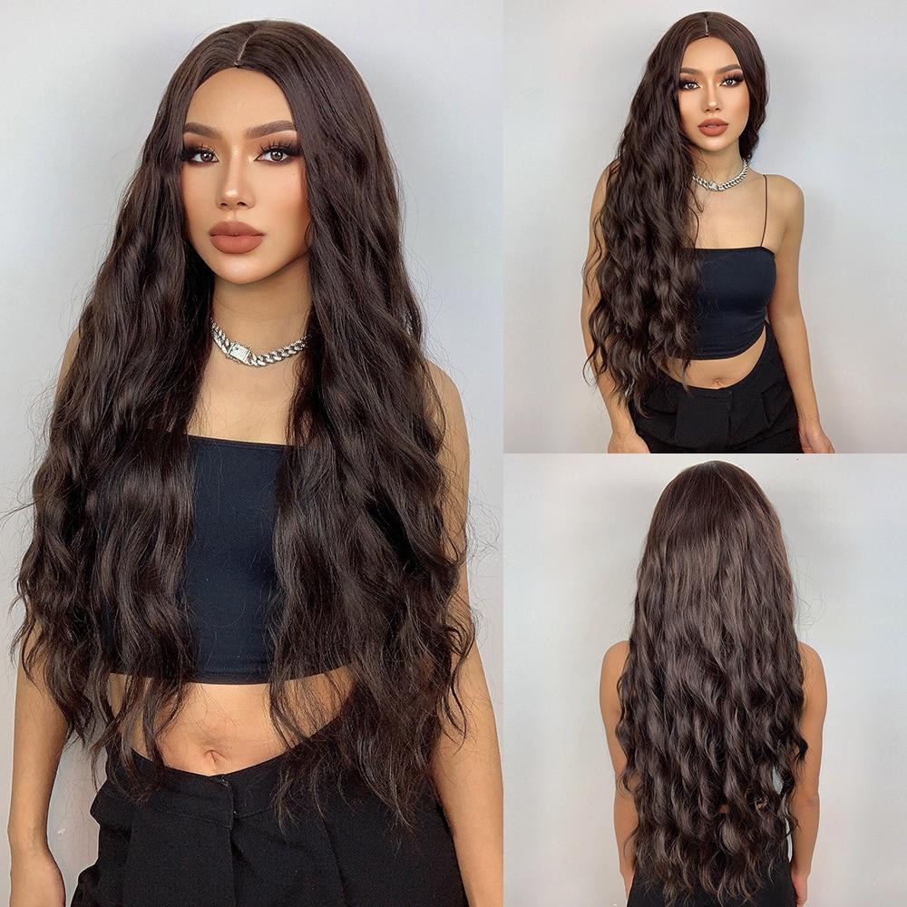 EASIHAIR Long Honey Brown Ombre Highlight Synthetic Wigs for Women Mixed Brown Wavy Natural Wigs Middle Part Cosplay Wigs Heat Resistant