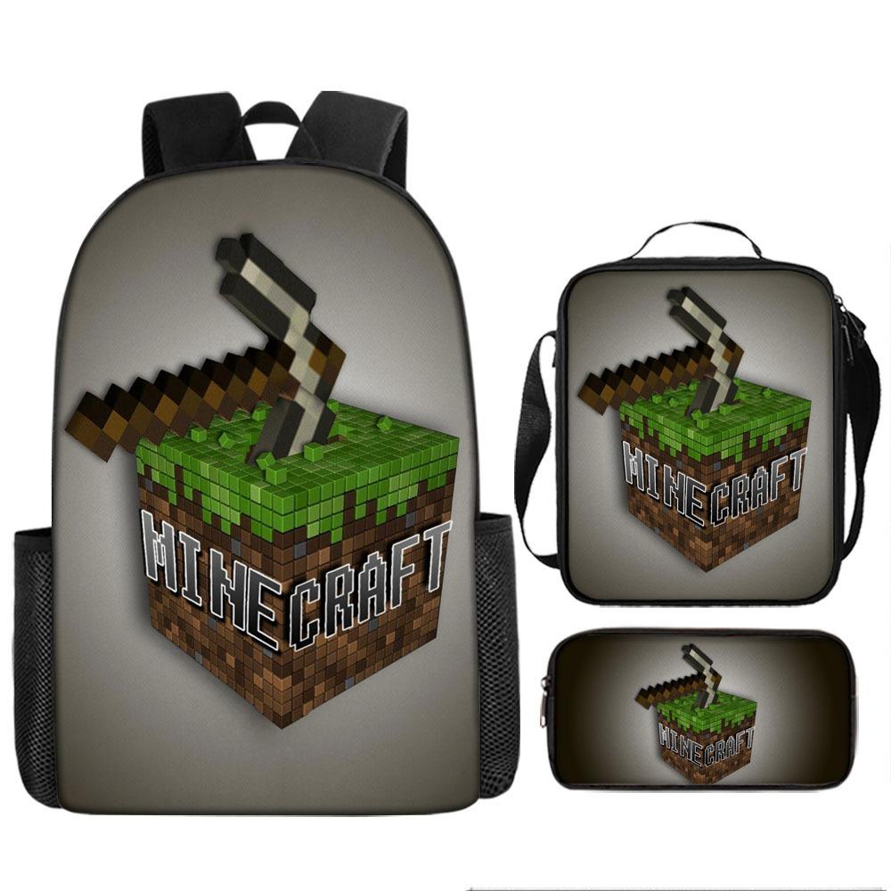 Minecraft Cartoon Print Backpack Set 3-Piece Student School Bag Water-Resistant Large Capacity Unisex