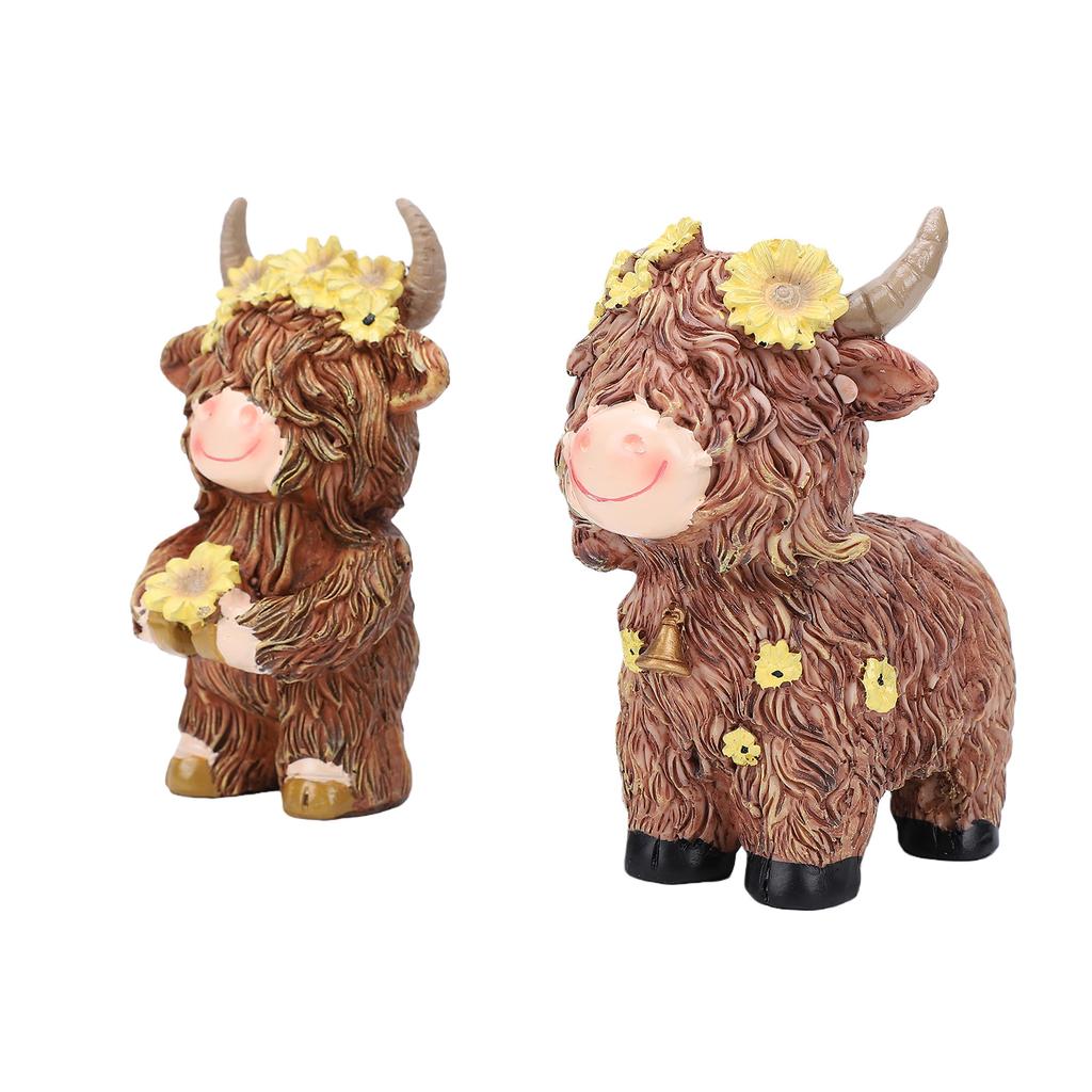 Flower Highland Cow Statue Cute Small Animal Figurines for Home Garden Kitchen Office
