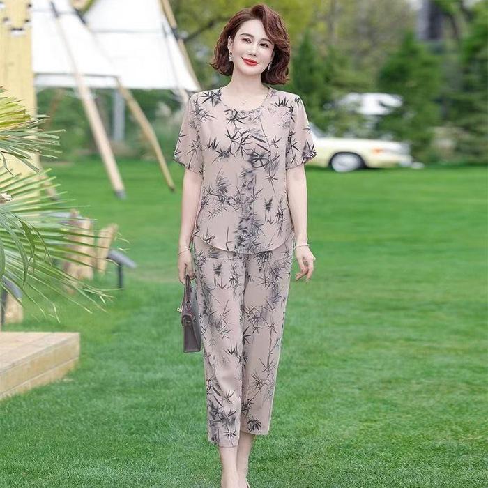 

Ice silk cool feeling middle-aged and elderly mother nine-point wide-leg pants thin sports suit summer women s short sleeves S