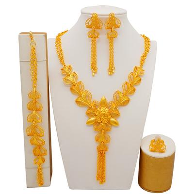 Tassel Gold Plated Large Necklace Set, Gold Earrings Bracelet Ring Necklace Wedding Dinner Ladies Accessories