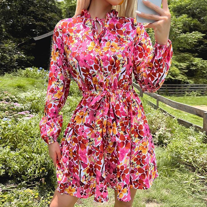 

YYFS Женская мода весна осень цветочный узор принт длинный рукав стойка воротник высокая талия повседневные платья XL красный