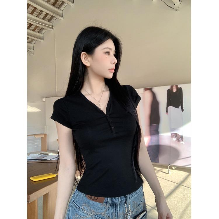 American Retro V-neck Button-down Short-sleeved T-shirt Women's Summer New Pure Desire Versatile Slim and Thin Inner Bottom Top