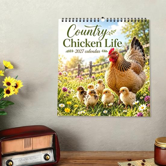 Farm Life Theme Calendar 2027 Country Chicken Wall Calendar, 12-Month Planner with Spiral Hens Chicks Binding, Thick Paper Academic Year for