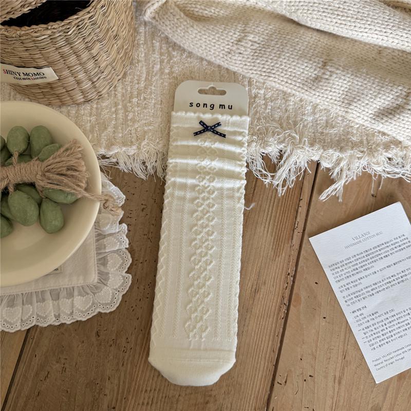 Японские сине-белые носки средней длины с цветочным узором, милый бант и край-салат One Size