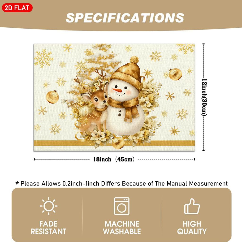 Set of 4/6 Christmas-Themed Placemats Featuring Golden Snowflakes, Snowmen, Reindeer, And Christmas Ball Designs, Suitable for Holiday Table Decoratio