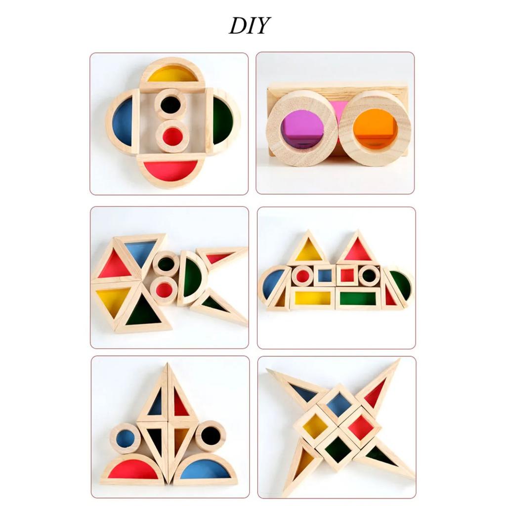 Montessori Transparent Shape Blocks Wooden Toys Rainbow Acrylic Color Cognitive Sensory Building Game Educational Toys for Kids