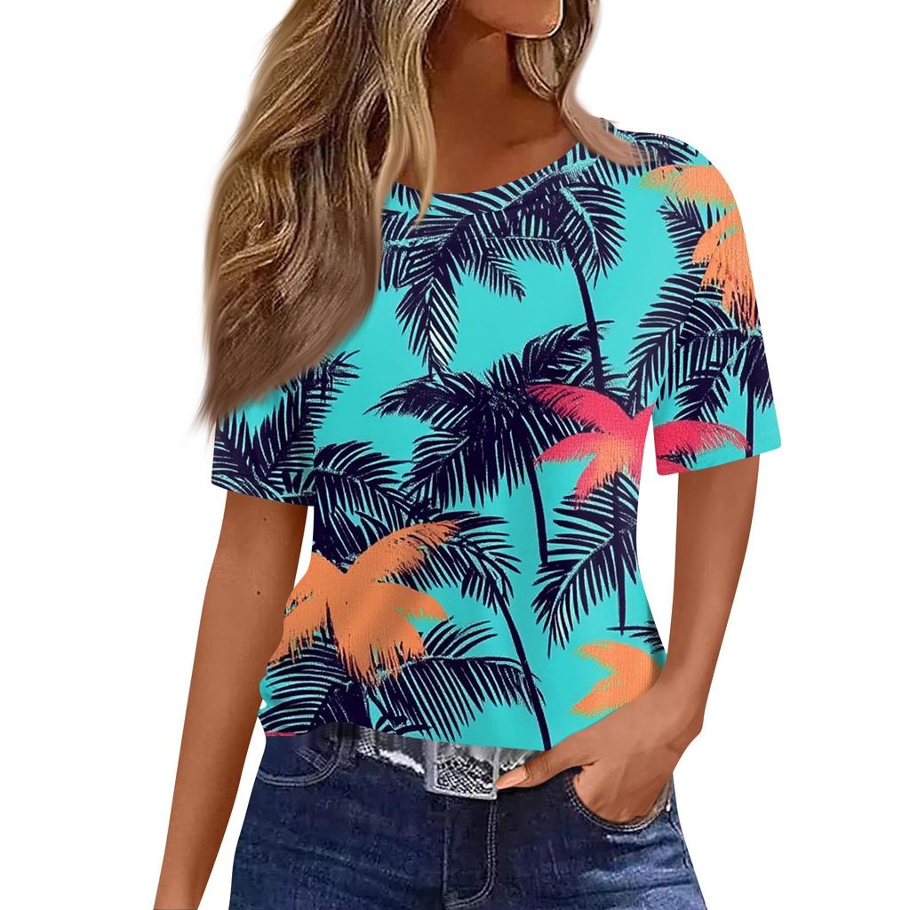 Women's Fashionable Casual Short Sleeve Print Round Neck Pullover Top