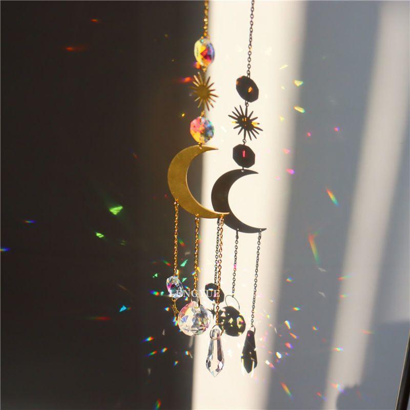 Rainbow Star Moon Wind Chimes Pendant Hanging Sun Catcher Prism Rainbow Maker Light Catcher Outdoor Window Garden Decoration