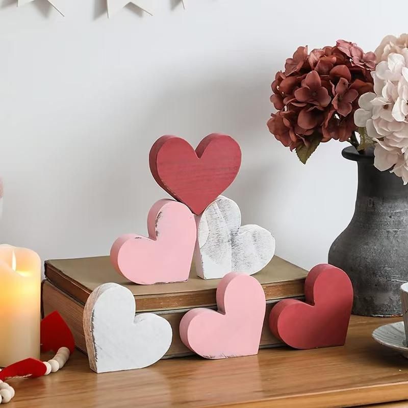 6Pcs/Set Love Wooden Ornament Heart Shaped Anniversary Wedding Decoration Crafts Peach Heart Atmosphere Valentine's Day Gift