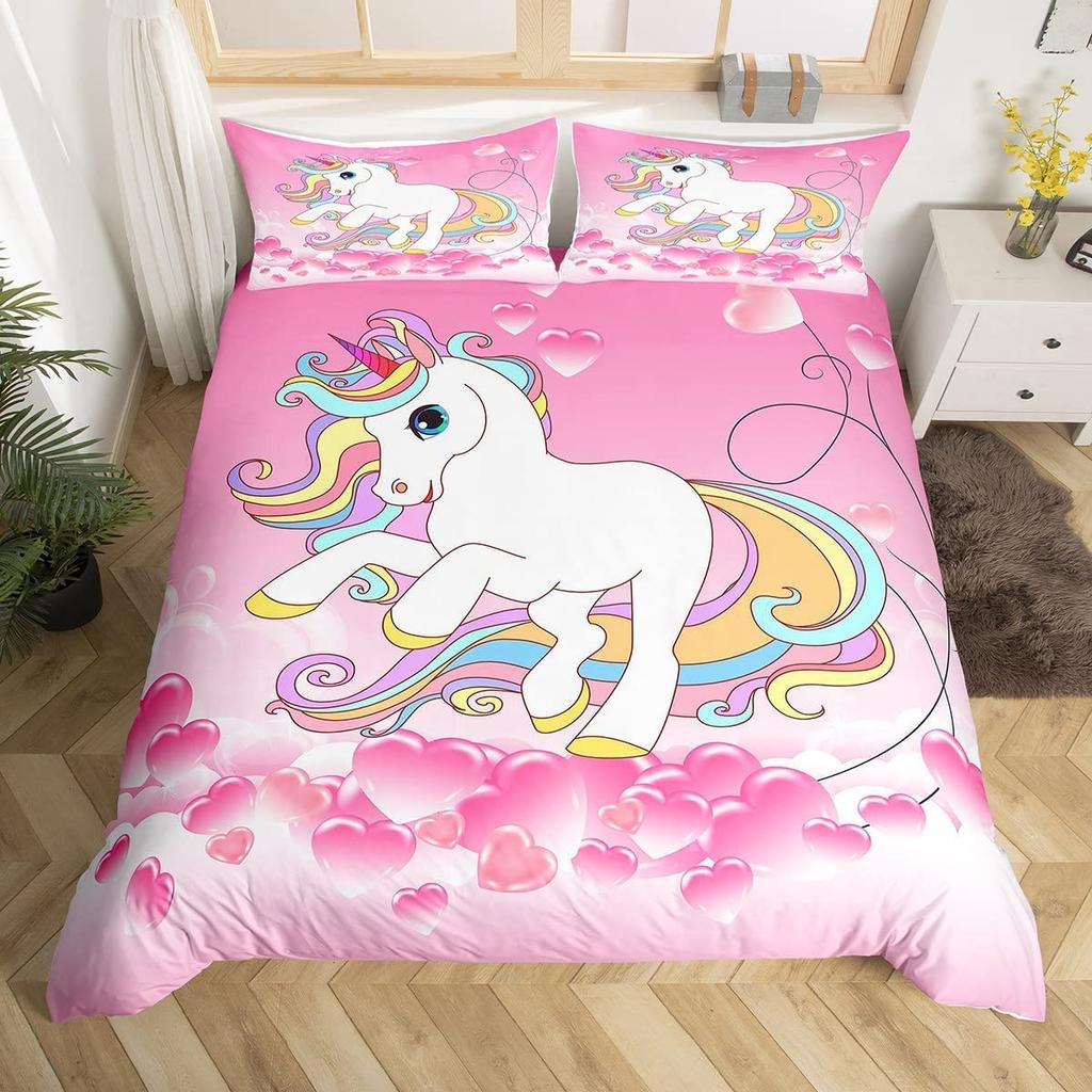 Unicorn Bedding Set Full QueenCartoon Rainbow Animal Comforter Cover Kids Girls Glitter Unicorn Duvet Cover Kawaii Quilt Cover