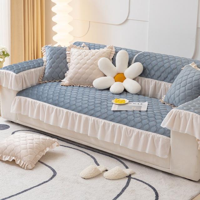 Quilted Ruffle Skirt Cover For Sofa Velvet Non -Slip Corner Couch Slipcover Armchair Towel Furniture Protector