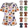 Women V Neck Short Sleeve Medical Scrub Top with Double Pockets and Side Slits Halloween Print Nurse Workwear Shirt