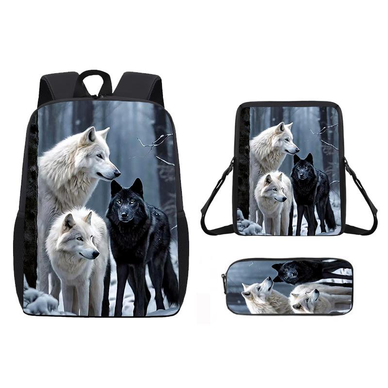Zaino Stampato con Animale Lupo da 17 Pollici Zaino per Studenti Maschi e Femmine Zaino Scolastico per Bambini Set da Tre Pezzi