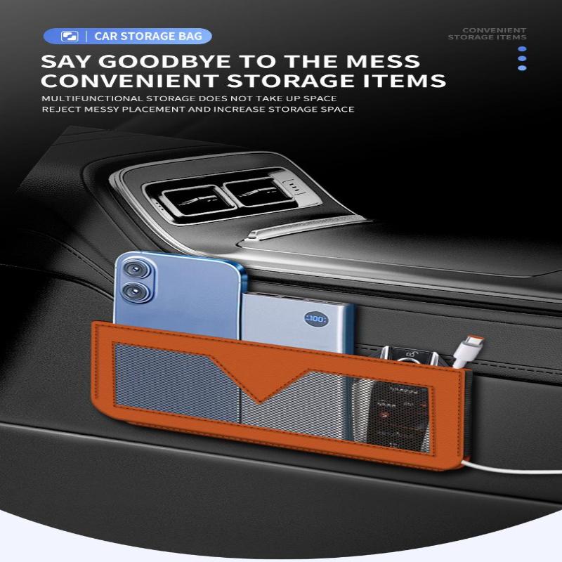 Car Storage Bag Pu Leather Mobile Phone Sticky Net Bag Multifunctional Car Seat Side Pocket Console Storage Box Auto Accessories