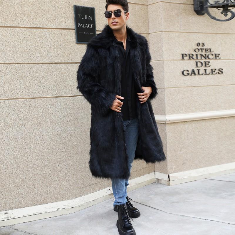 Mens Faux Fur Coat Warm Winter Long Overcoat Black Fox Jacket